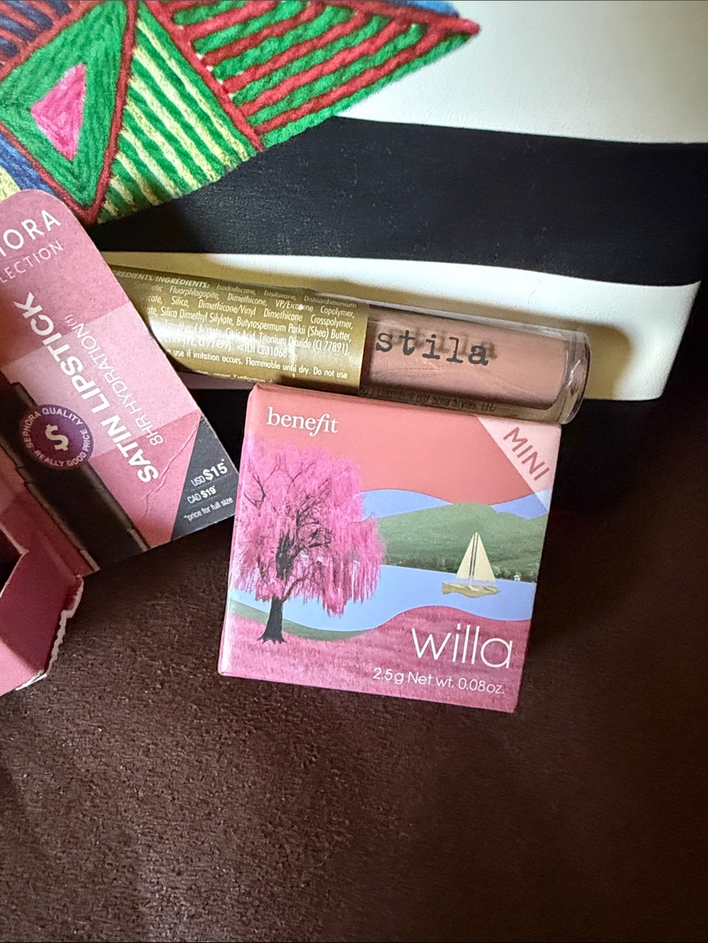 Sephora Black & White Striped Cosmetic Pouch with Colorful Lip & Cheek Minis - Picture 2 of 5